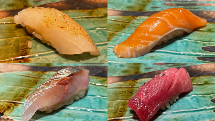 Nigiri from counterclockwise: squid, threadfin bream, spring salmon and fatty tuna.