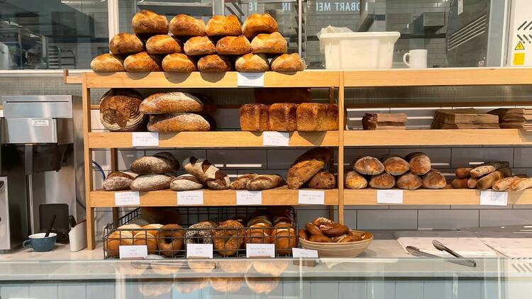 Bread piled up at Pigeon Whole Bakery in Hobart