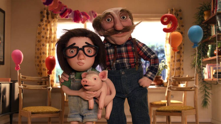 A claymation grandpa and his granddaughter who is holding a small pig.