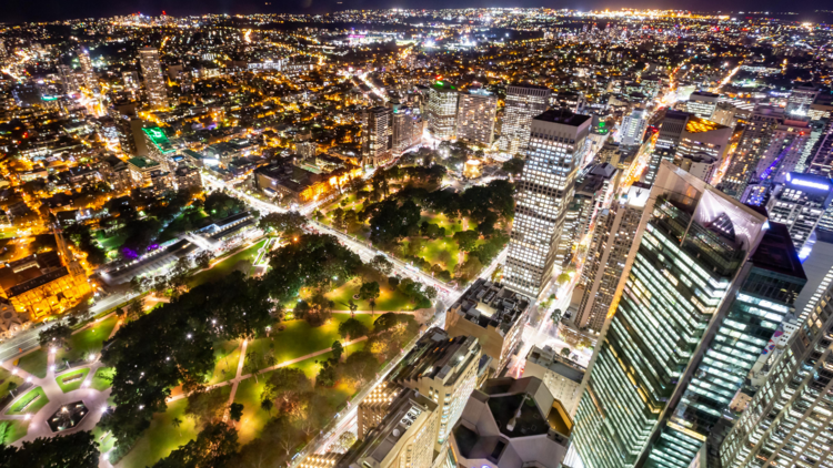 A birds eye view of Sydney illuminated by the Vivid lights