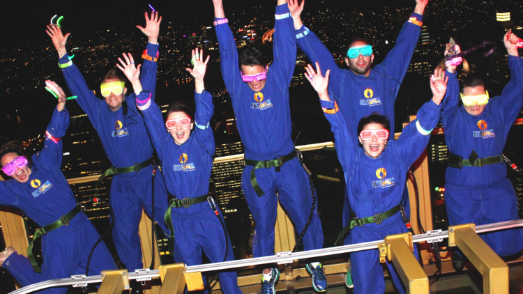 People jump on the observation deck at Vivid Sydney