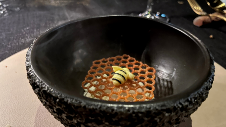 A black bowl filled with gelato that's topped with a honeycomb candy and a white chocolate bee.