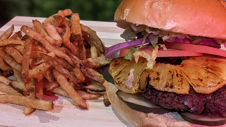 Burger and fries (The Skinny Bar)