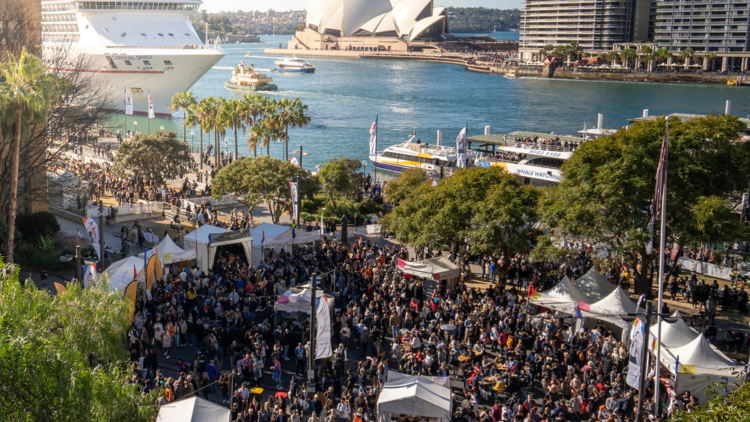 An overhead shot of the crowd gathering at the Bastille Festival at Circular Quay