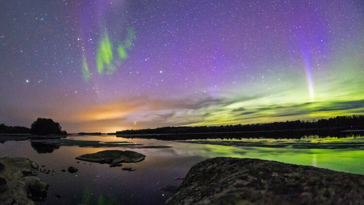 The Northern Lights over the skies of Voyageurs National Park in northern Minnesota