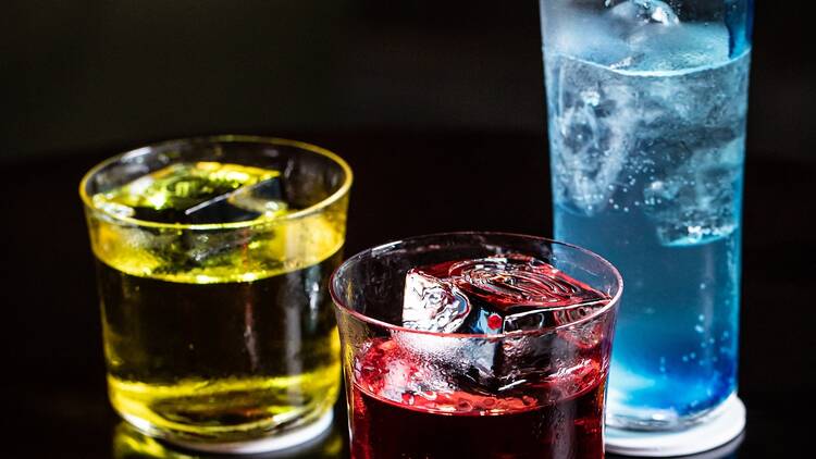 Blue, red and yellow cocktails