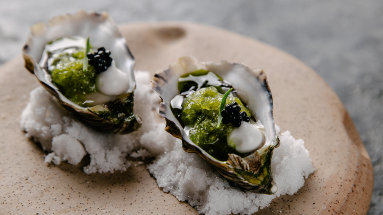 Two oysters garnished with black caviar, laid atop a salt bed on a plate.