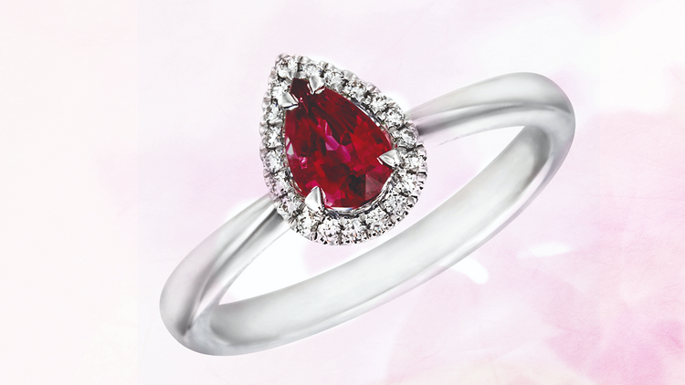 Nelson Jewellery’s 18K white gold 0.4-carat ruby halo engagement ring 