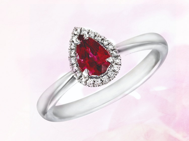 Nelson Jewellery’s 18K white gold 0.4-carat ruby halo engagement ring 