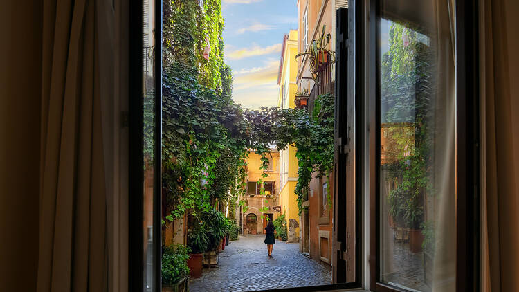 Lone traveller through window