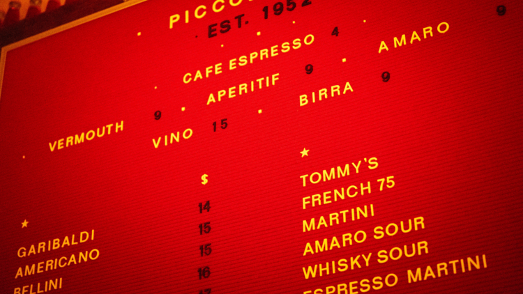 Drinks menu of Piccolo Bar