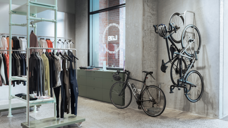 The interior of a cycling apparel shop.