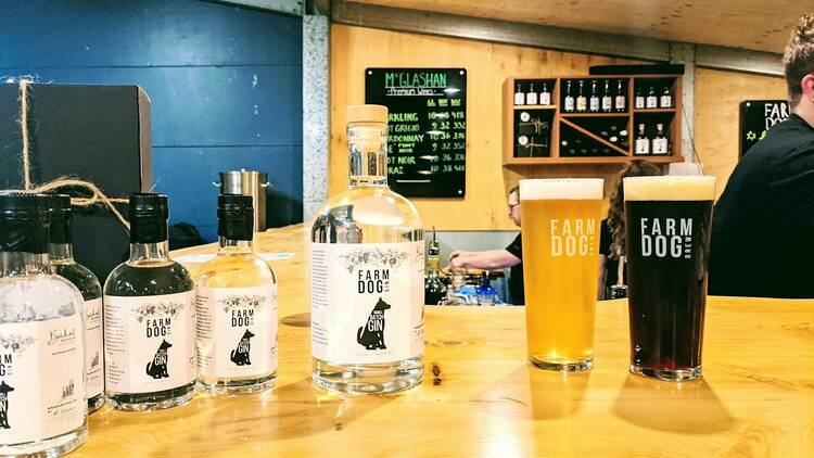 A line-up of gins and beers by Farm Dog Brewing.