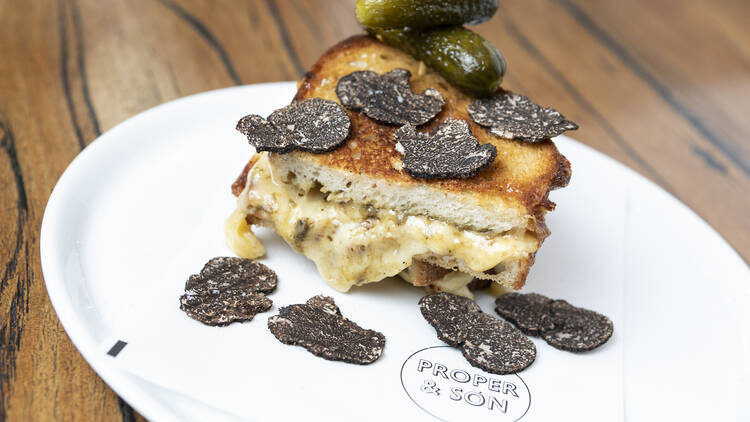 A sandwich covered in shaved black truffle.