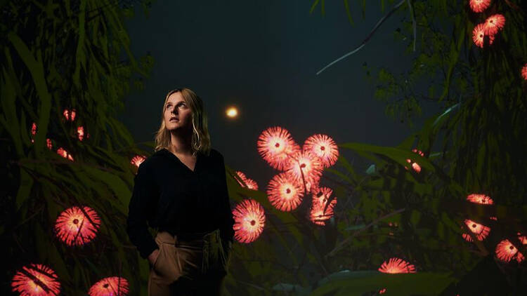 A woman in a black shirt looking at a light installation including red flowers and long green grass.
