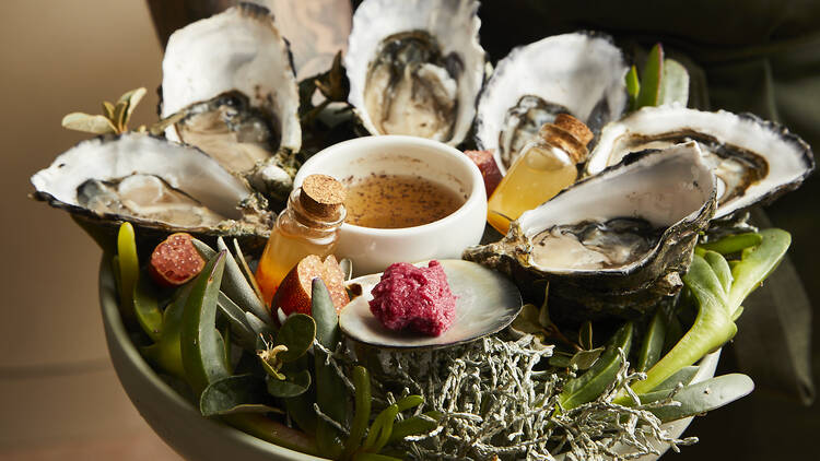 Oysters with condiments at LOTI St Kilda