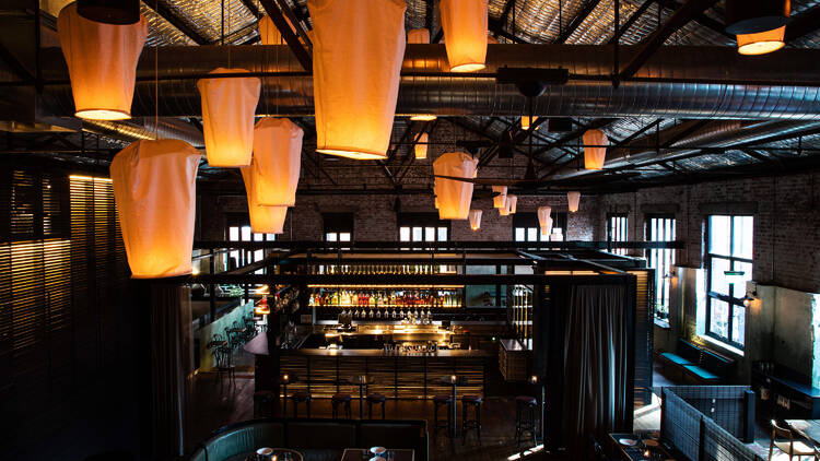 An overhead shot of the bar and dining space at Longsong.