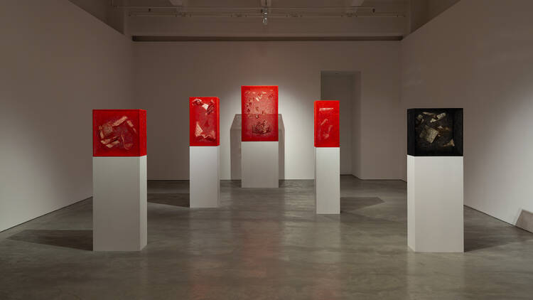 Anna Schwartz gallery hosting an installation of five white plinths topped with four red blocks and one black block