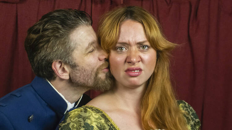 Joshua Koehn as Benedick and Chelsea LeSage as Beatrice in Much Ado About Nothing