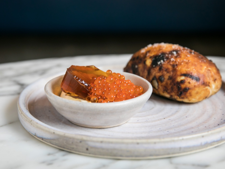 Potato bread with bonito jelly, kefir cream and caviar