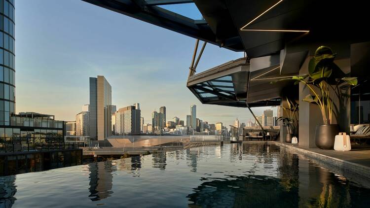 A rooftop infinity pool with views of the Melbourne skyline.