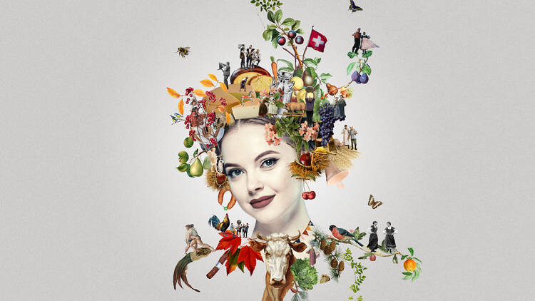 A graphic showing a woman wearing a kind of head-dress made up of traditional Swiss plants, foods and the Swiss flag.