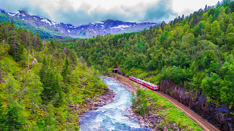 The scene route between Oslo and Bergen runs through the mountains of Norway