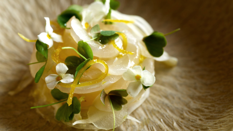 fish cevice with chive flowers