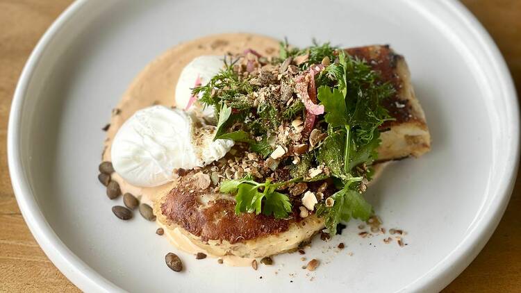 Pulled BBQ lamb and mash potato cakes with poached eggs 