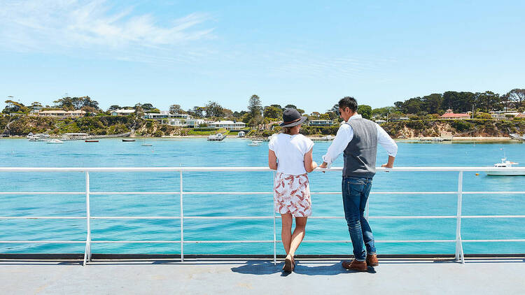 A couple standing at a rail overlooking a bay.
