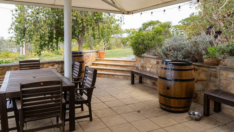 The patio at Crabtree Wines awaits diners