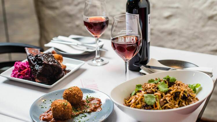 Mr Mick beef, noodle and croquettes are paired with a red wine