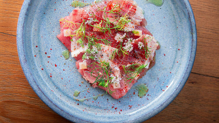 Gunsmoke tuna crudo with local country ham