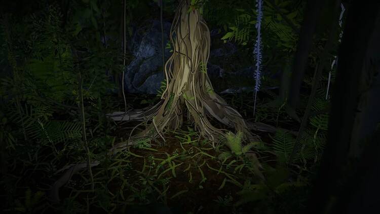 A simulated tree in a rainforest.