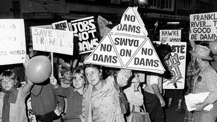 A black-and-white photo of Franklin dam protesters. 