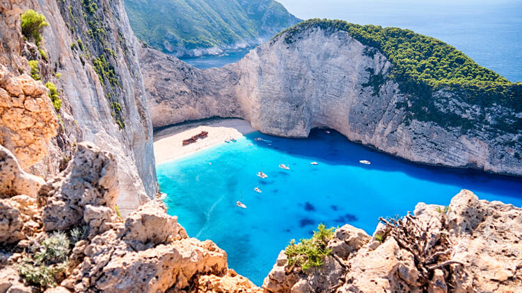 Navagio beach with the famous wrecked ship in Zante, Greece
