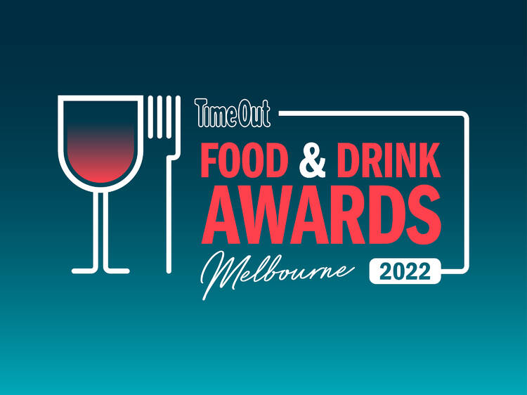 A red and white logo on a green backdrop that says ' Time Out Food & Drink Awards Melbourne 2022'.