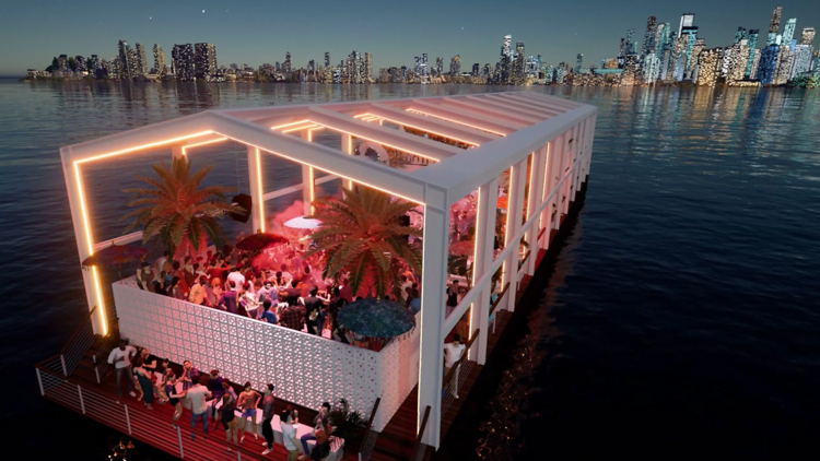 A render of a floating, open-air nightclub with the Melbourne skyline in the background.