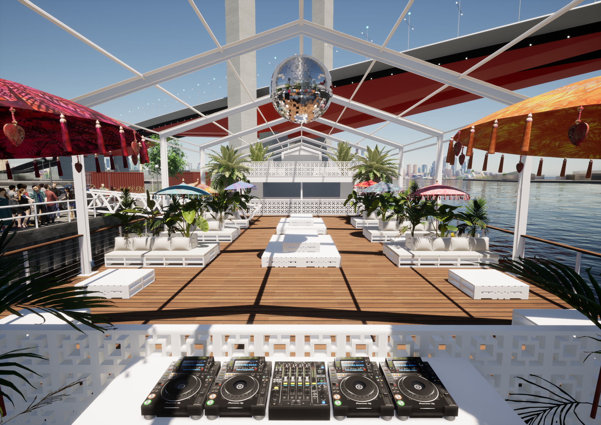 A render of the interior of ATET, a floating, open-air nightclub set to moor in the Docklands.