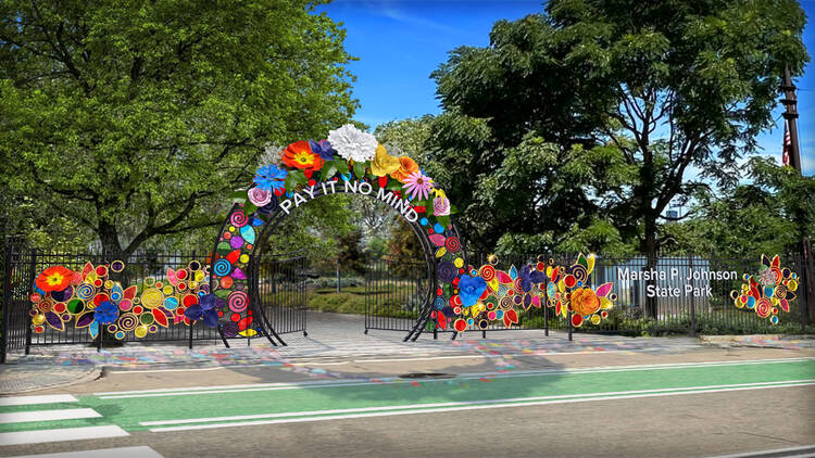 A rendering showing a gate with flowers at Marsha P. Johnson State Park.