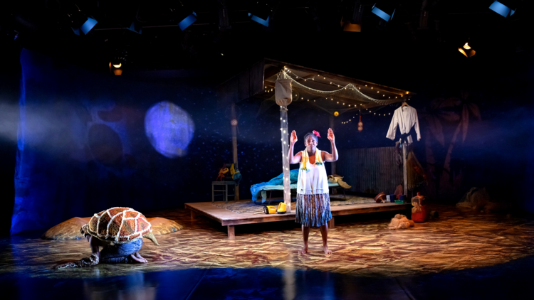 A performer holds her hands up in exasperation as a performer in a turtle costume crawls across the stage