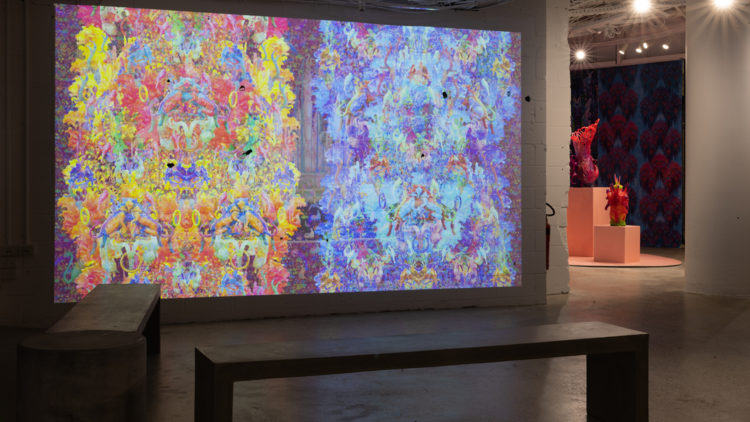 A colourful psychedelic projection lights up a wall in a gallery space 