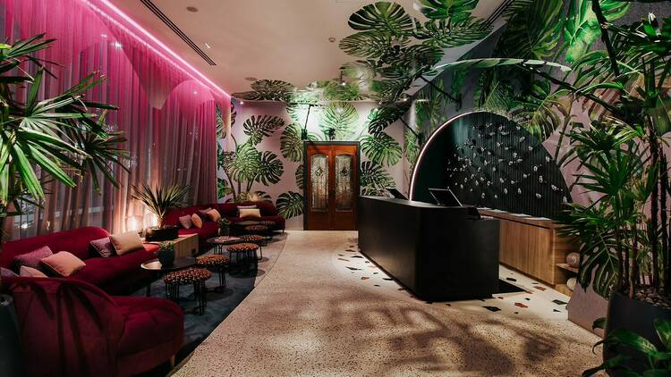 A Red couches, lush carpeting, pink curtains lined with neon lighting and green monstera plants and wallpaper surround the lobby