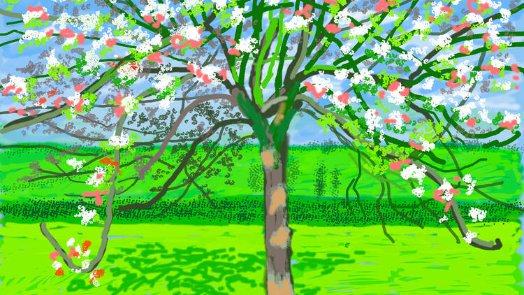 A digital painting of a tree with white and red blossoms against a blue sky and bright green grass