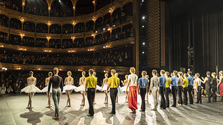 A troupe of ballet dancers pose in front a massive crowd for bows onstage