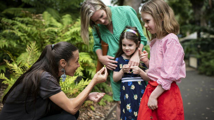 A brunette woman crouches down to show two little girls and an older woman a small plant.