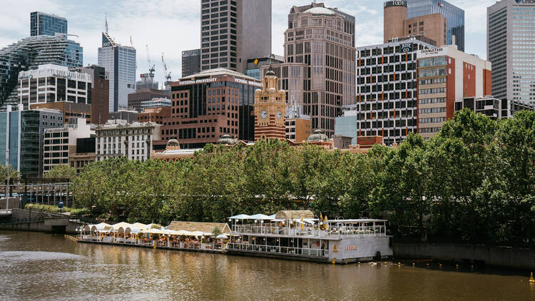 A distant look at Arbory Afloat on the water of the Yarra River.