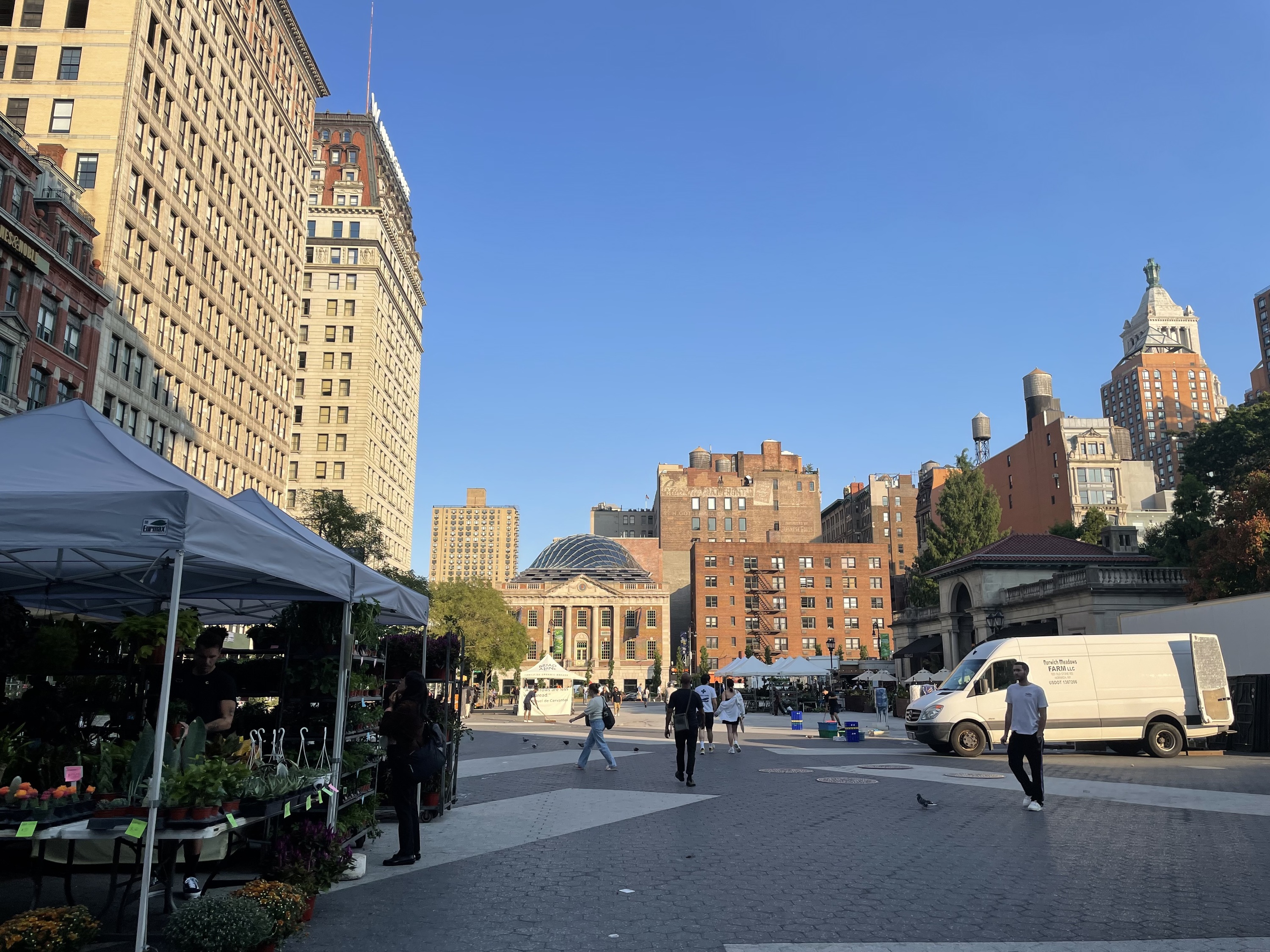 Union Square with farmers' market tents.