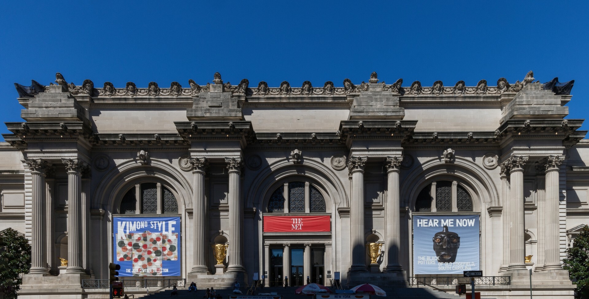 Sculptures by Hew Locke on the exterior of The Met.