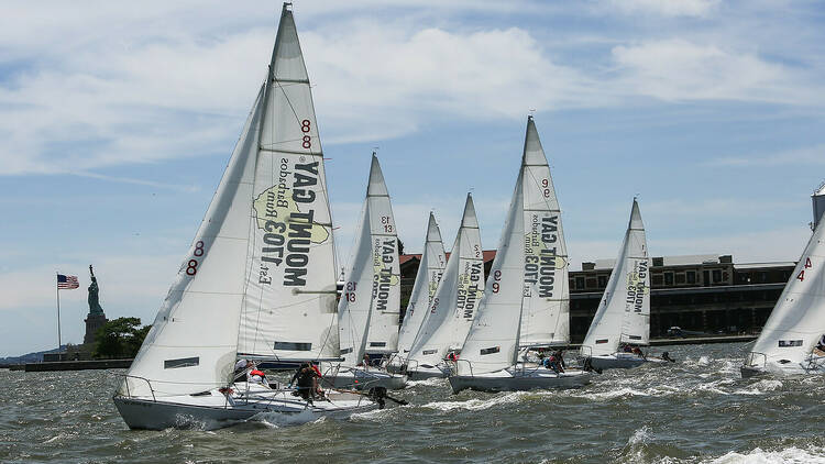 Several sail boats float in front of the Statue of Liberty.